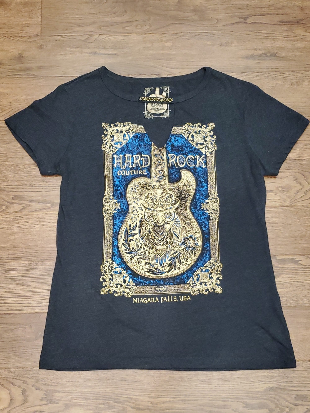 Hard Rock Couture Niagara Falls Tee Womens L Chracoal Gray Heather Blue Gold